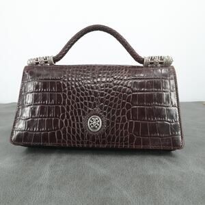Brighton‎ Handbag Womens Croc Embossed Brown Leather Braided Top Strap Purse